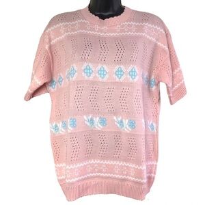 Vintage🧚‍♀️ Grace Light Pink Short Sleeve Knitted Sweater Size L